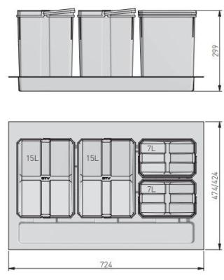 Garbi Basket B-80-4 système de tri des déchets pour tiroir 80cm incl. support et 4 bacs à déchets 1208957477