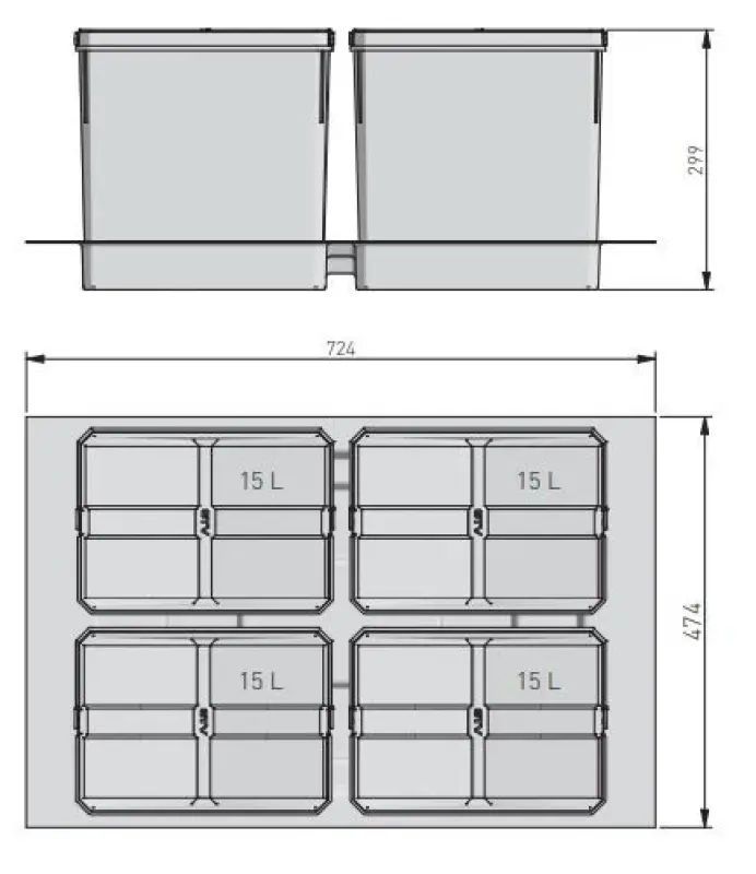 Garbi Basket B-80-4-G système de tri des déchets pour tiroir 80cm incl. support et 4 bacs à déchets de 15 litres 1208957478