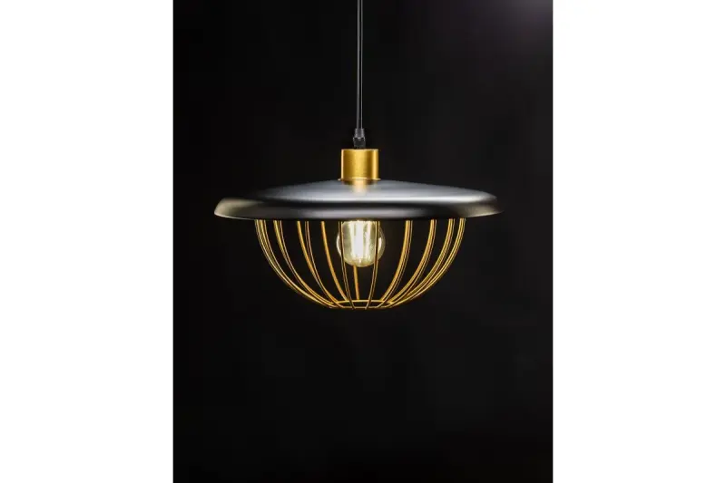 Decor Tulip Lampe à suspension moderne avec bord en métal noir et cage filaire dorée 3444