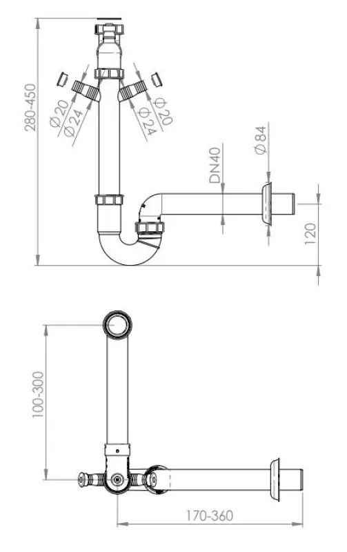 Siphon Ausmann espace économisant le siphon d'évier pour la cuisine avec 2 connexions de lave-vaisselle 1208957660