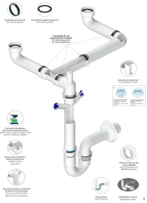 Ausmann double Siphon d'évier peu encombrant pour la cuisine avec purgeur d'air et 2 raccords pour lave-vaisselle 1208957662