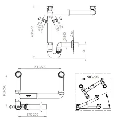 Ausmann double Siphon d'évier peu encombrant pour la cuisine avec purgeur d'air et 2 raccords pour lave-vaisselle 1208957662