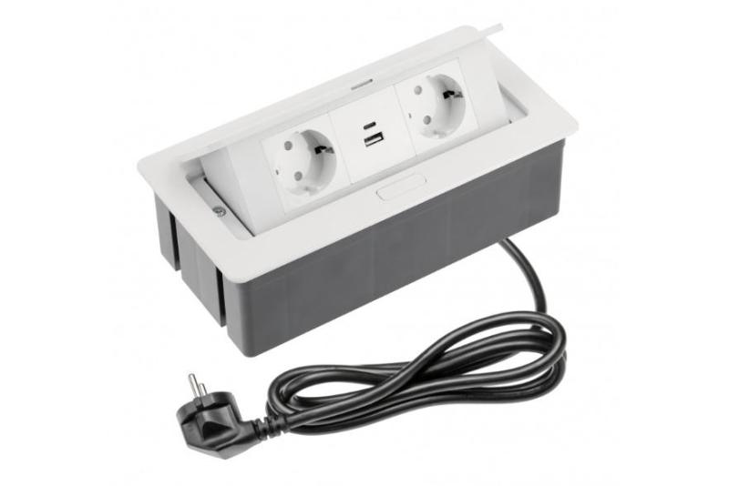 Indux Flip Medium prise de cuisine avec mise à la terre dans le plan de travail ou l'armoire supérieure, blanche, avec 2 prises et chargeurs USB A+C 1208957847