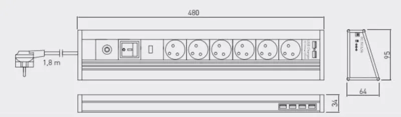 Indux Bloc multiprises d'angle et autoportant en aluminium avec mise à la terre type F et 6 prises et 6 USB 1208957851