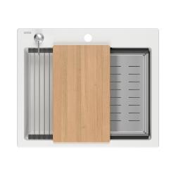 Quadri Durham évier en granit blanc 595x500 avec distributeur de savon, planche à découper, tapis roulant, bac d'insertion et tapis roulant 1208957903