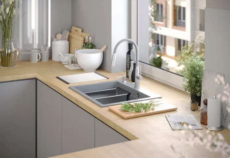 Quadri Durham évier en granit blanc 595x500 avec distributeur de savon, planche à découper, tapis roulant, bac d'insertion et tapis roulant 1208957903