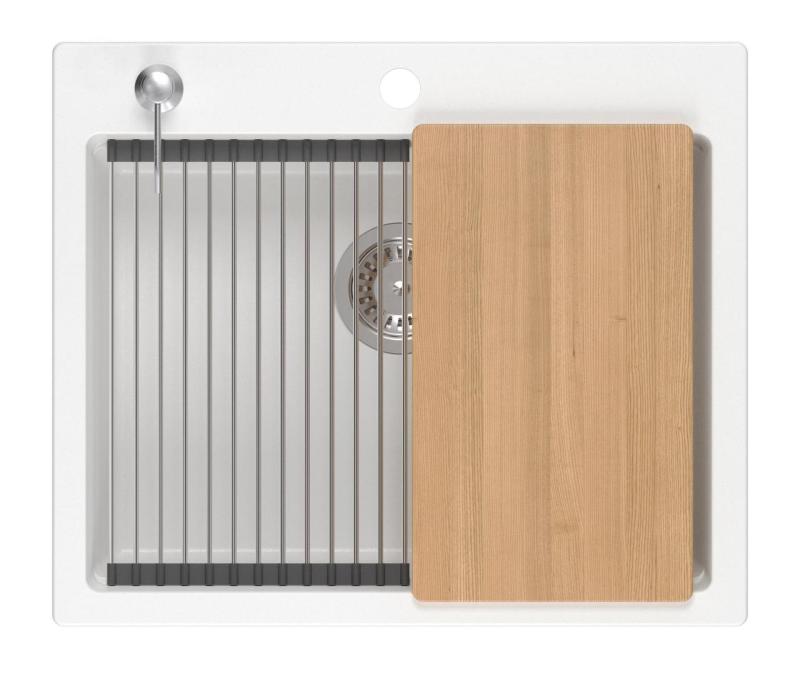 Quadri Durham évier en granit blanc 595x500 avec distributeur de savon, planche à découper, tapis roulant, bac d'insertion et tapis roulant 1208957903