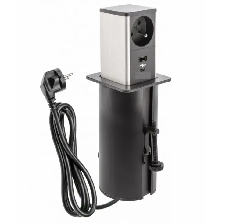 Indux Push prise de terre noire extensible avec 1xUSB A et 1xUSB C avec mise à la terre type E et couvercle en inox 1208957928