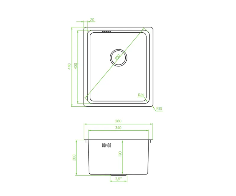 Aquadesign R25 évier à encastrer, sous plan et à encastrer, en acier inoxydable 34 x 40 cm 1208958201