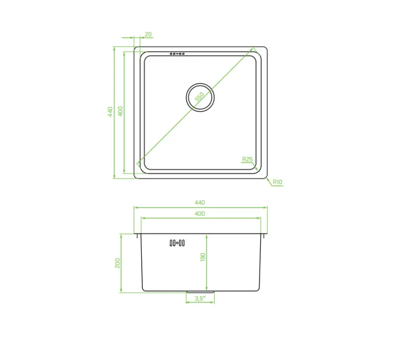 Aquadesign R25 évier à encastrer, sous plan et à encastrer à plat en acier inoxydable 40 x 40 cm 1208958206