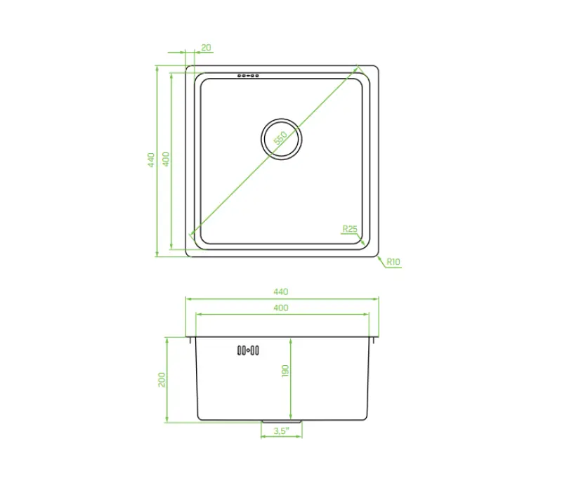 Aquadesign R25 évier en acier pour montage en surface, sous plan et à fleur de plan gun metal 40x40cm 1208958207