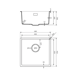 Lorreine série BQ 44x41cm évier sous plan noir avec bouchon doré 40BQ37-FU-GOLD