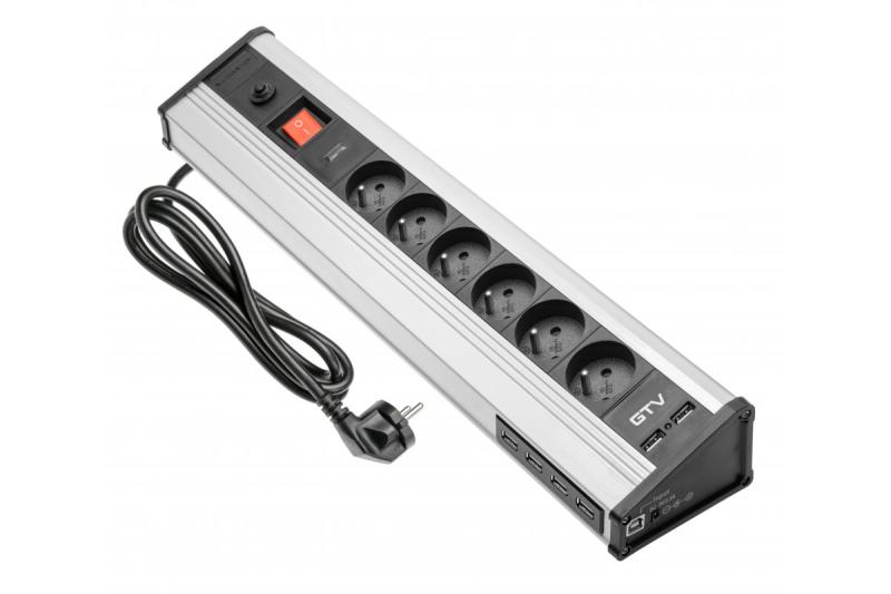 Câble d'extension de bureau MULTI avec protection contre les surtensions, 6 prises avec mise à la terre, 4 ports USB 1208958684