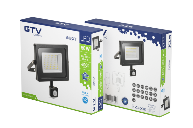 Projecteur LED iNEXT avec capteur de mouvement 50W 4000lm, PF>0,9, RA>80, IP65, 120°, 6400K, corps noir 1208962862