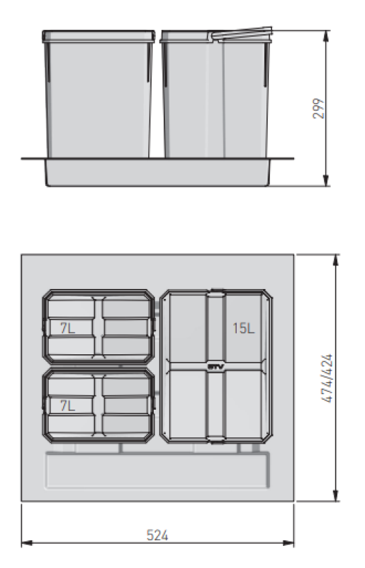 Systeem de tri des déchets Garbi Basket B-60-3 pour tiroir de 60 cm, y compris support et 3 poubelles 1208964399