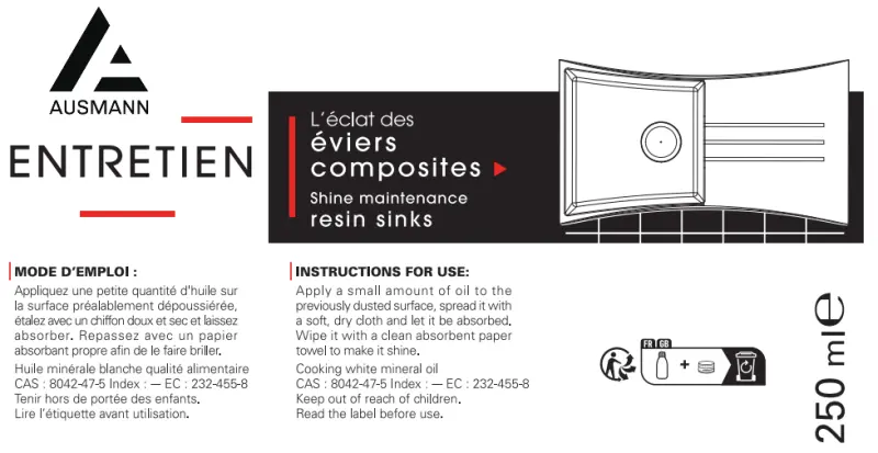 Nettoyant d'entretien Ausmann avec huile pour évier en fibre de résine bio-composite 1208966925
