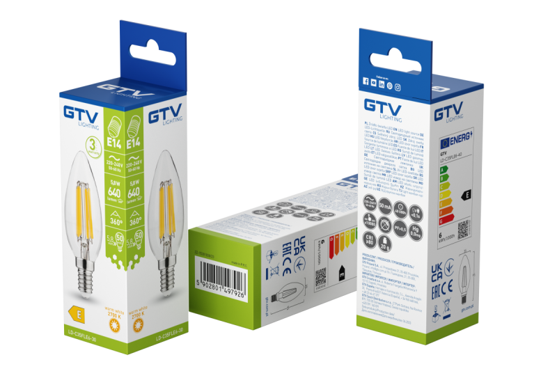 SOURCE DE LUMIÈRE LED, FILAMENT, A-G, C35, 2700K, E14, 5,8W, AC220-240V, 360°, 640lm, 50mA 1208966964