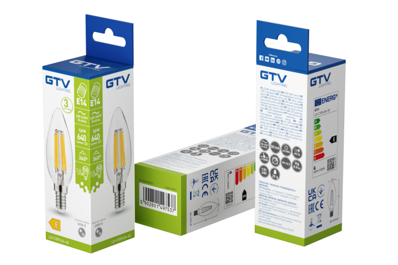 SOURCE LUMINEUSE LED, FILAMENT, A-G, C35, 4000K, E14, 5,8W, AC220-240V, 360°, 640lm, 50mA 1208966965