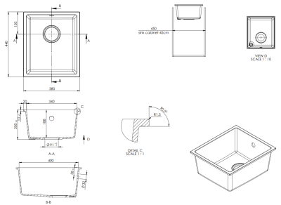 GraniteMy Évier universel en granit blanc 34x40 cm blanc à encastrer, sous-plan et à fleur avec bouchon en inox 1208967107