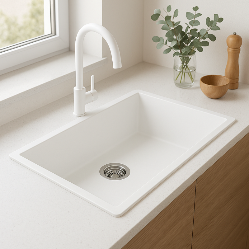 GraniteMy Universal évier en granit blanc grand 74x40 cm blanc montage en surface, sous-plan et à niveau avec bouchon en inox 1208967111