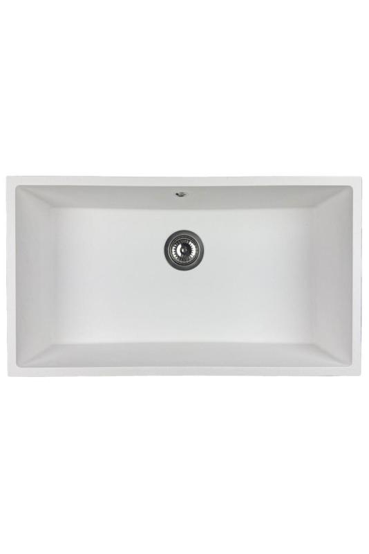 GraniteMy Universal évier en granit blanc grand 74x40 cm blanc montage en surface, sous-plan et à niveau avec bouchon en inox 1208967111
