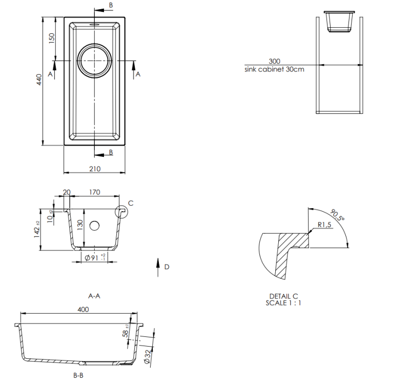 GraniteMy Universal petit évier en granit noir 17x40 cm noir à encastrer, sous-plan et à fleur avec bouchon noir 1208967140