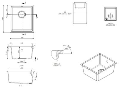 GraniteMy Évier universel en granit blanc 34x40 cm blanc encastré, sous-plan et à fleur avec bouchon blanc 1208967146