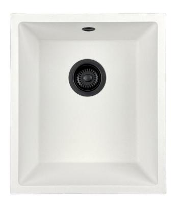 GraniteMy Évier universel en granit blanc 34x40 cm blanc pour montage en surface, sous-plan et affleurant avec bouchon noir 1208967147