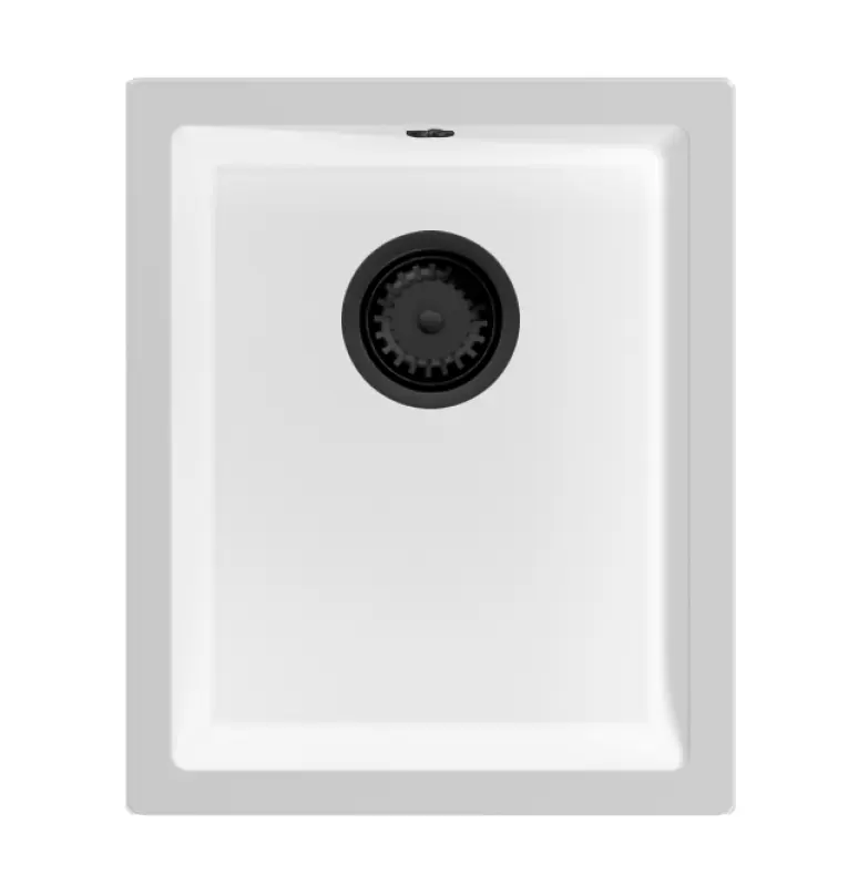 GraniteMy Évier universel en granit blanc 34x40 cm blanc pour montage en surface, sous-plan et affleurant avec bouchon noir 1208967147