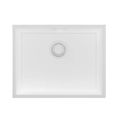 GraniteMy Évier universel en granit blanc 55x40 cm blanc en pose à encastrer, en pose sous plan et en pose à fleur avec bouchon blanc 12