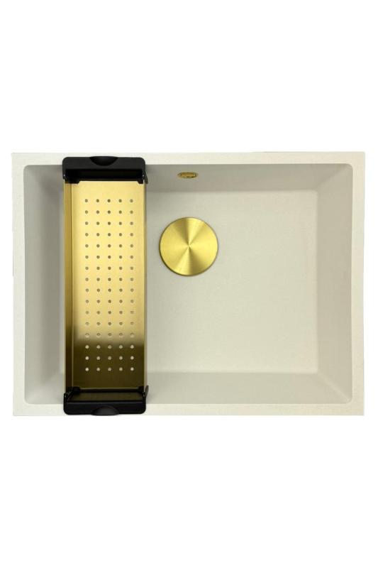 GraniteMy Évier universel en granit blanc 55x40 cm blanc montage en surface, sous-plan et affleurant avec bouchon doré 1208967155