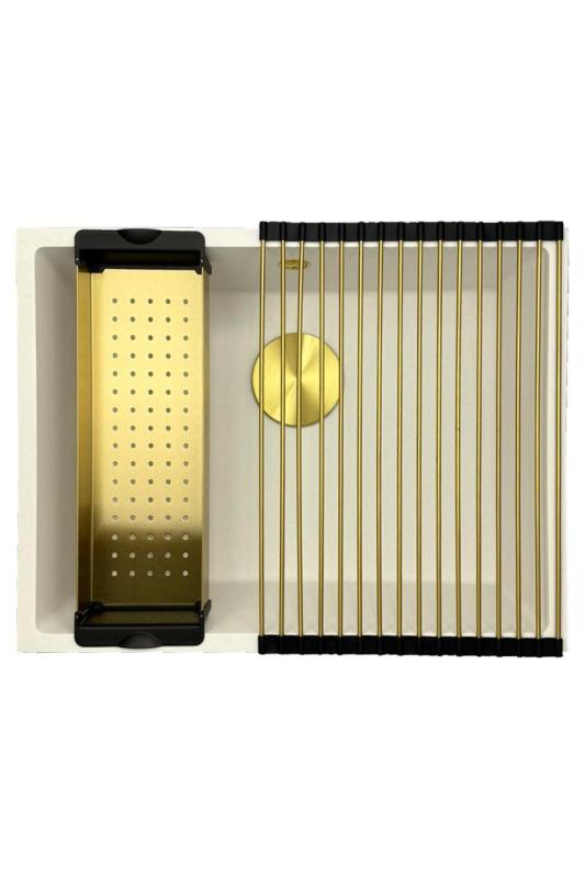 GraniteMy Évier universel en granit blanc 55x40 cm blanc montage en surface, sous-plan et affleurant avec bouchon doré 1208967155