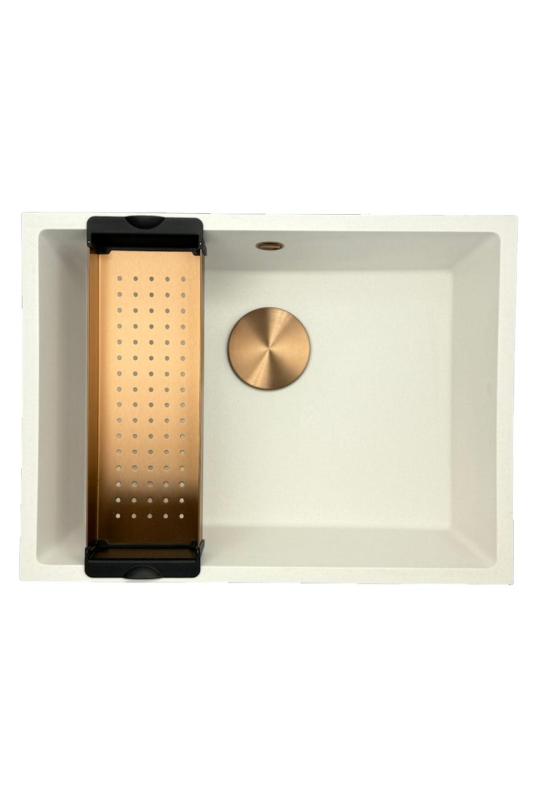 GraniteMy Évier universel en granit blanc 55x40 cm blanc, montage en surface, sous-plan et affleurant avec bouchon en cuivre 1208967156