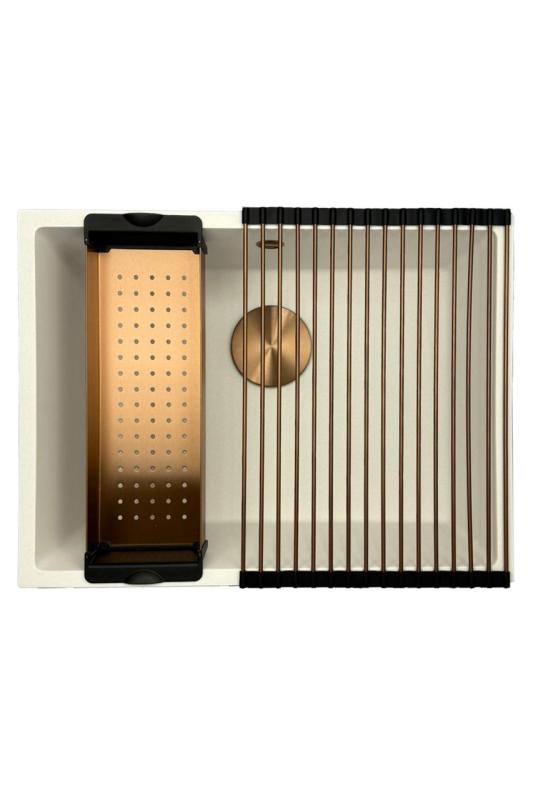 GraniteMy Évier universel en granit blanc 55x40 cm blanc, montage en surface, sous-plan et affleurant avec bouchon en cuivre 1208967156