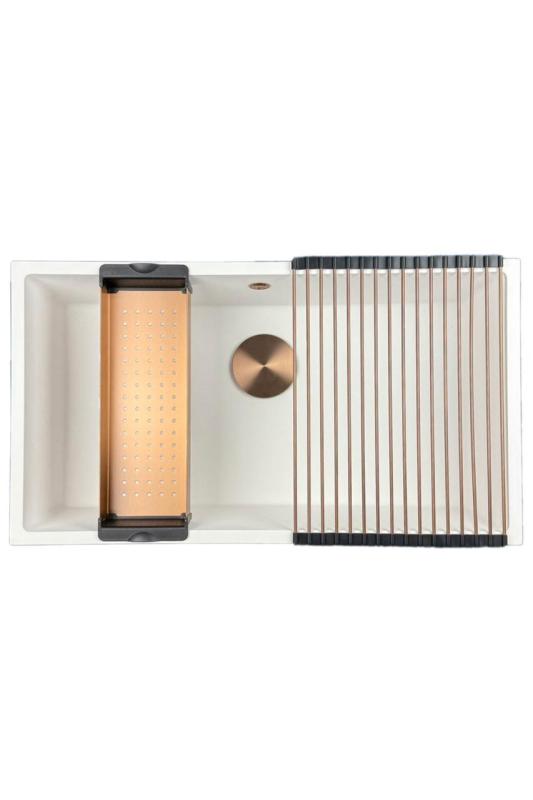 GraniteMy Évier universel en granit grand blanc 74x40 cm blanc à encastrer, sous-plan et à fleur avec bouchon en cuivre 1208967162