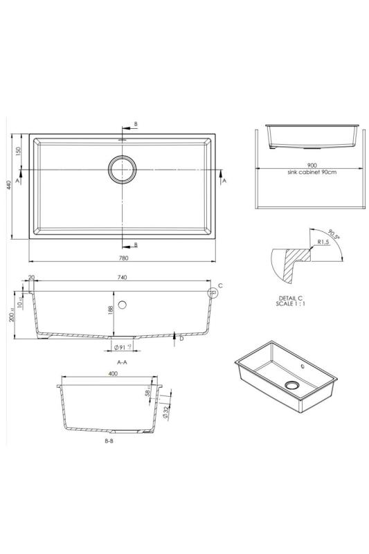 GraniteMy Évier universel en granit grand blanc 74x40 cm blanc à encastrer, sous-plan et à fleur avec bouchon en cuivre 1208967162