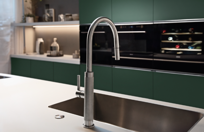 Franke Mythos Masterpiece Robinet de Cuisine Acier Inoxydable avec Bec en J et Douchette Extractible - 115.0711.554