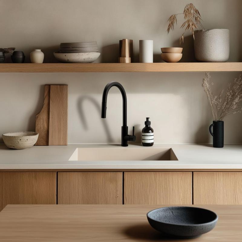 GraniteMy Évier universel en granit sable beige 40x40 cm montage en surface, sous-plan et affleurant avec bouchon en cuivre 1208967210