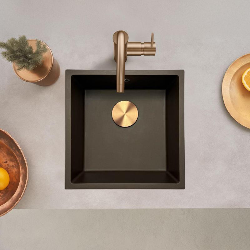 GraniteMy Évier de café universel en granit 40x40 cm montage en surface, sous plan et à fleur avec bouchon en cuivre 1208967217