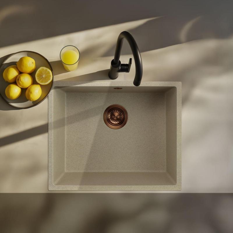 GraniteMy Universal évier en granit beige sable 50x40 cm montage en surface, sous-plan et à fleur de plan avec bouchon en cuivre 1208967221