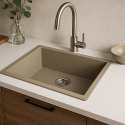 GraniteMy Universal évier en granit taupe 50x40 cm montage en surface, sous-plan et à fleur avec bouchon en inox 1208967223.