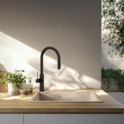GraniteMy Évier universel en granit sable beige 40x40 cm à montage en surface, sous-plan et à niveau avec bouchon noir 1208967232