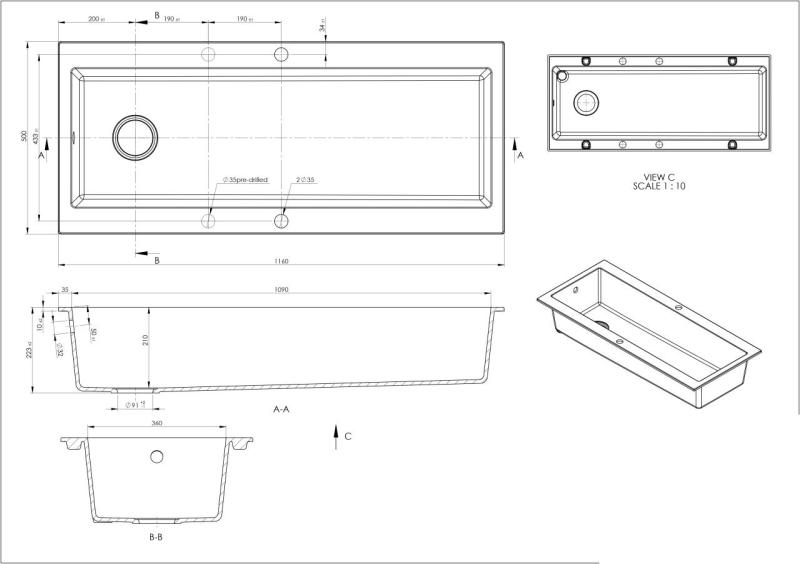 GraniteMy Évier en granit très grand noir 116x50 cm noir avec plage de robinetterie avec bouchon en inox 1208967236