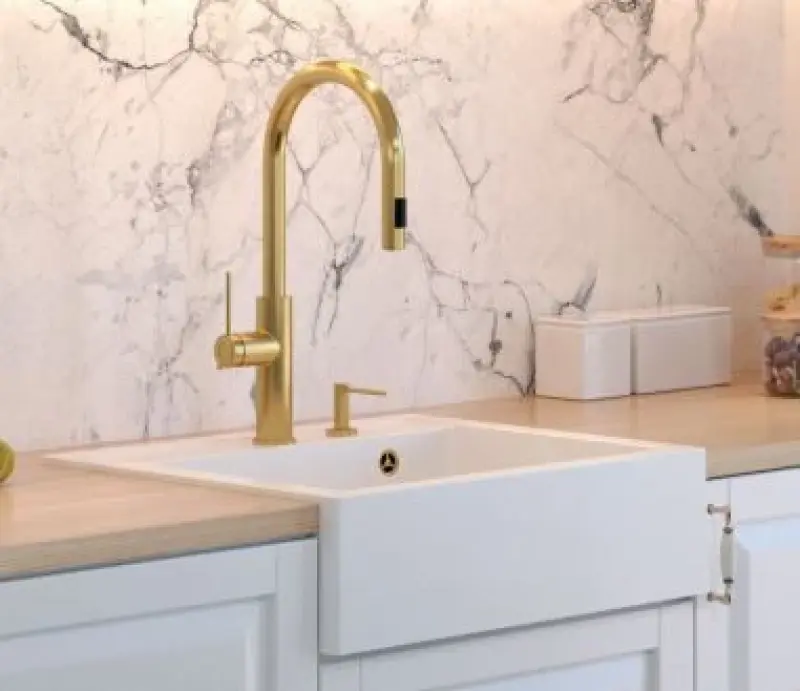 Ferme Quadri évier en granit mat blanc avec bouchon doré 595x540mm 1208967264, montage encastré ou en surface