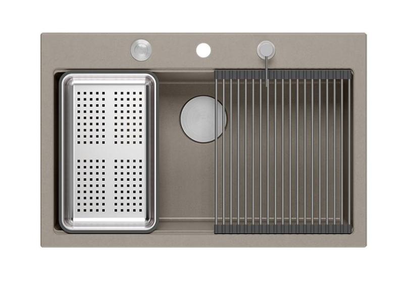 Quadri Hard Rock taupe granit évier encastrable grande cuve 76x50cm avec bouchon en inox et accessoires 1208967270