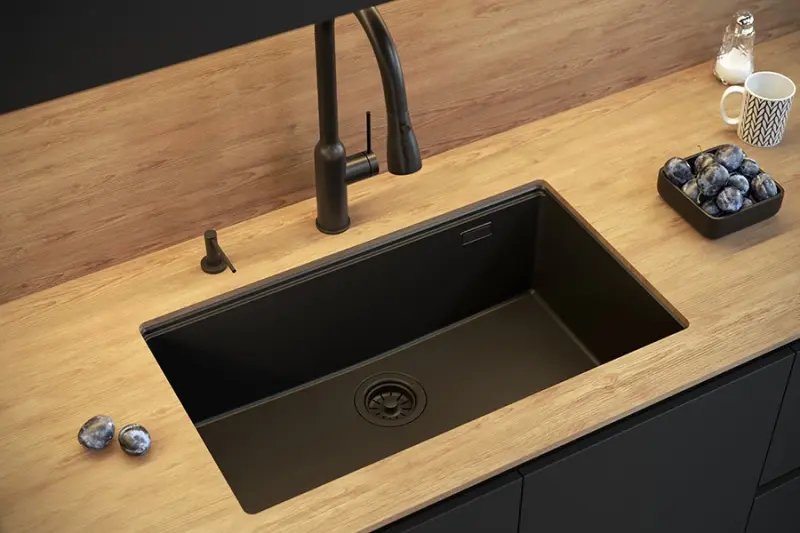 Quadri Newport II grand et profond évier en granit à montage en surface et sous plan gris évier 76x45cm avec bouchon en inox 1208967272