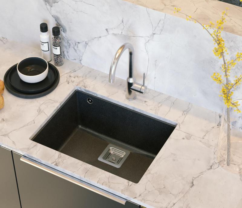 Quadri Quadrangle granit anthracite évier sous-plan 55x42cm avec bouchon en inox 1208967273