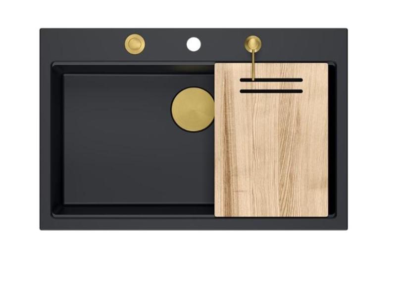 Quadri Hard Rock évier en granit noir mat à poser, grande cuve 76x50cm, y compris bonde dorée et accessoires 1208967277