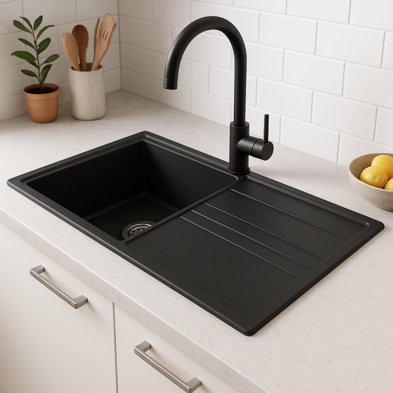 GraniteMy Vesi évier en granit noir à poser 86x50cm avec égouttoir réversible avec bouchon en acier inoxydable 1208967279