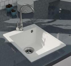 GraniteMy Bremen évier en granit blanc 40x50 cm montage en surface, sous-plan et à ras avec plage de robinetterie avec bouchon en inox 1208967284
